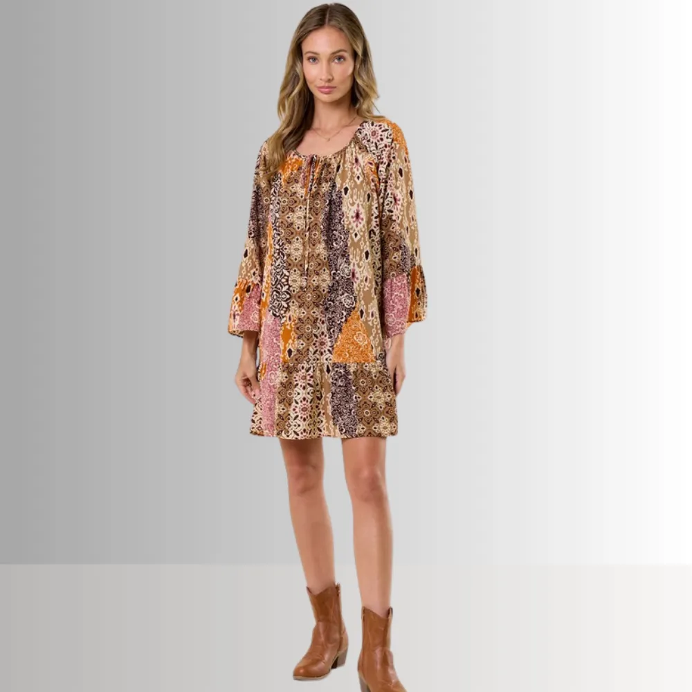 Brynn Boho Pattern Ruffled A-Line Dress