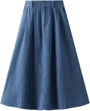 BTDECLAR Women's Pleated Long Denim Skirt High Waisted Button A-Line Summer Casual Streetwear Short Jeans Skirt with Pockets