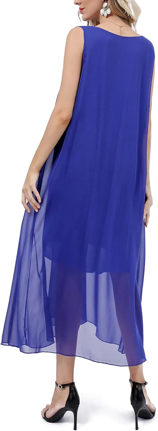 Bulotus Womens Sleeveless Loose Plain Midi Dress Summer Chiffon Flowy Swing Dresses