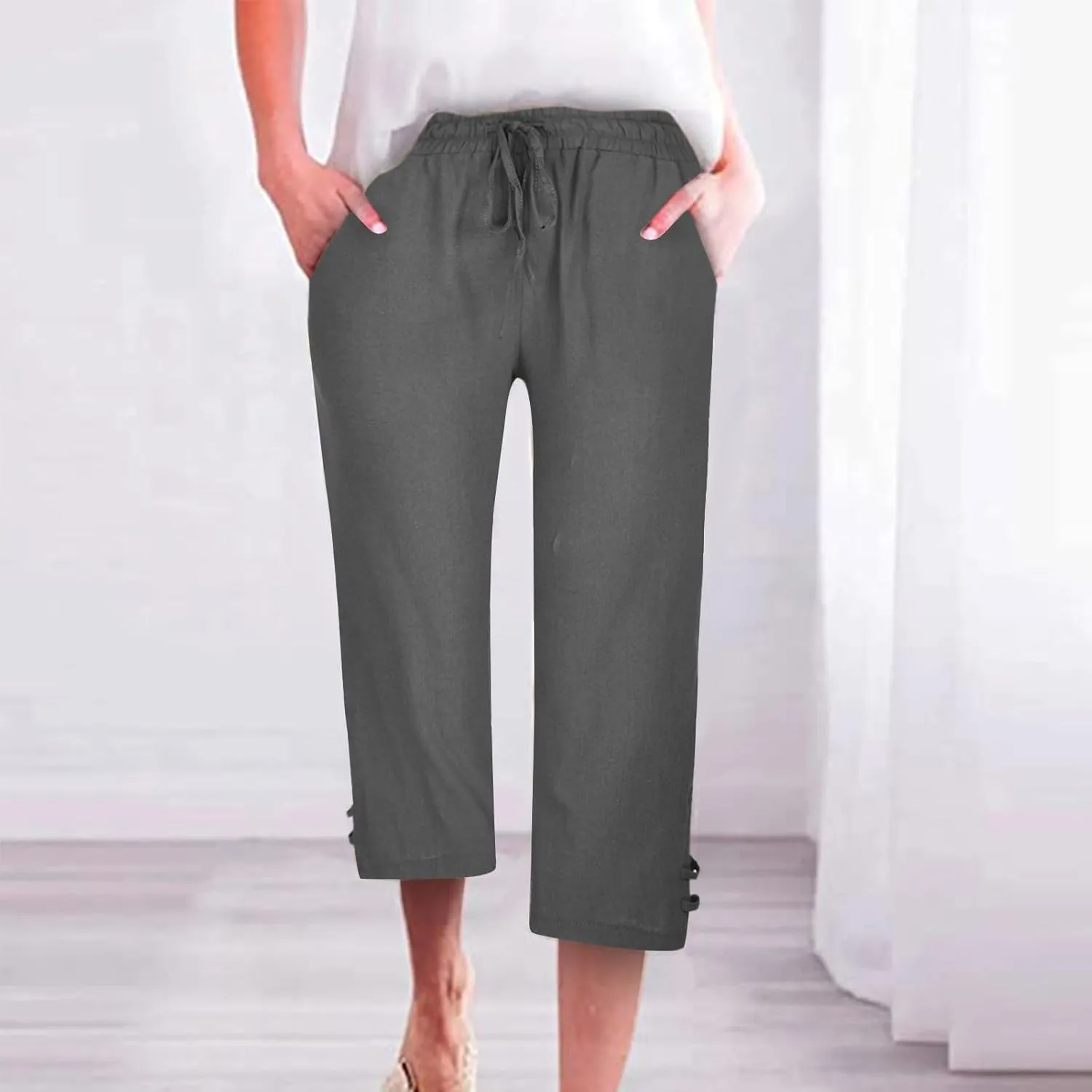 Capri Pants for Women Seven Eighth Length Casual Trousers Side Pockets Split Hem Lightweight Linen Blend