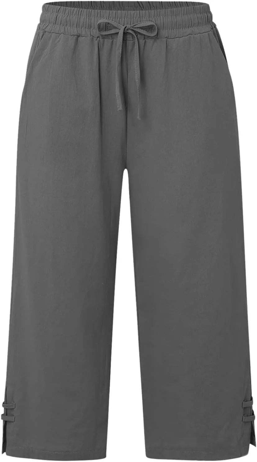 Capri Pants for Women Seven Eighth Length Casual Trousers Side Pockets Split Hem Lightweight Linen Blend