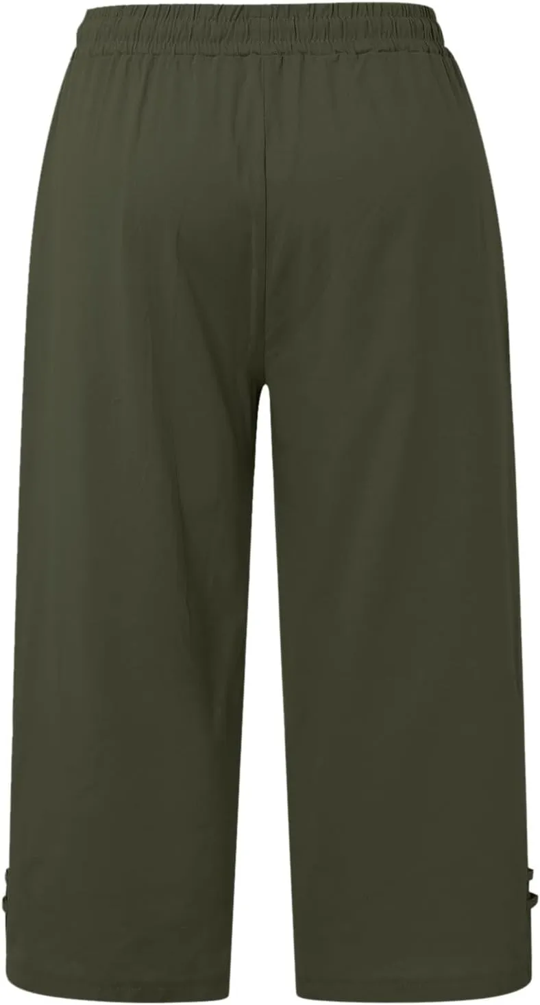Capri Pants for Women Seven Eighth Length Casual Trousers Side Pockets Split Hem Lightweight Linen Blend