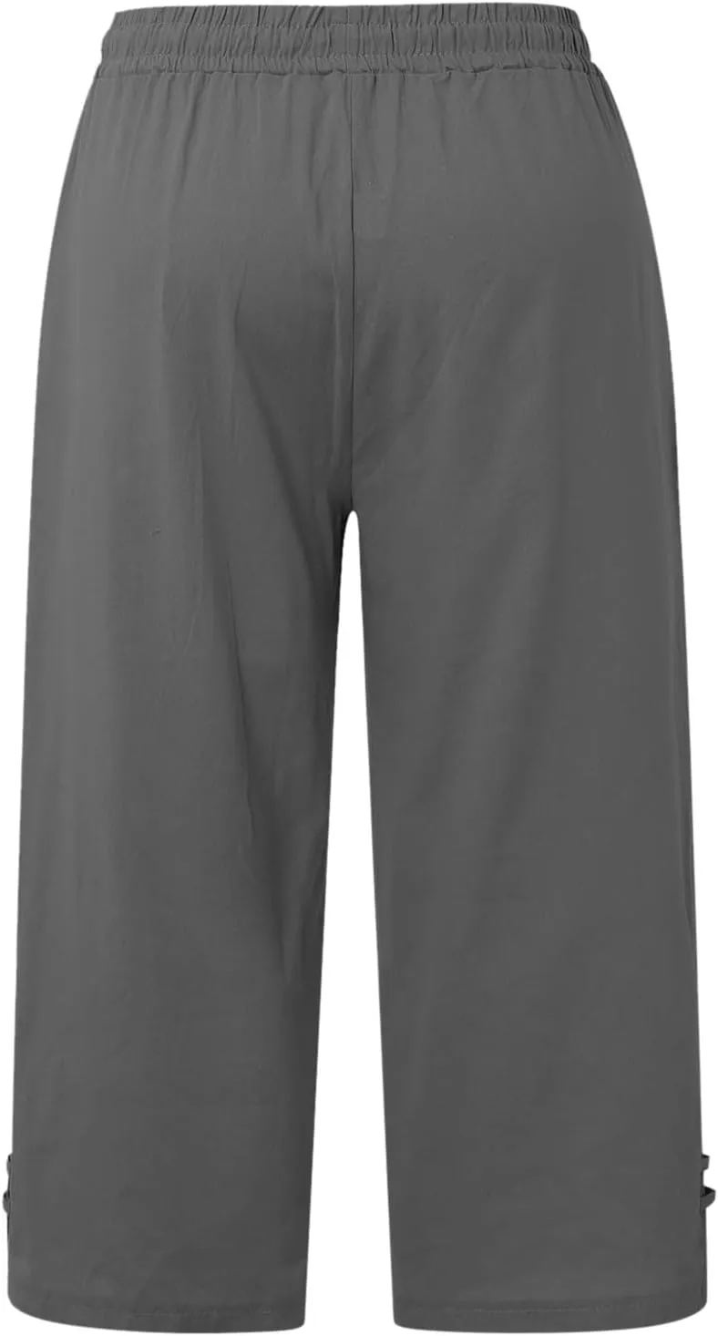 Capri Pants for Women Seven Eighth Length Casual Trousers Side Pockets Split Hem Lightweight Linen Blend