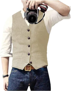 Ceehuteey Mens Suit Vest Waistcoat Tweed Retro V Neck Wool Herringbone for Prom