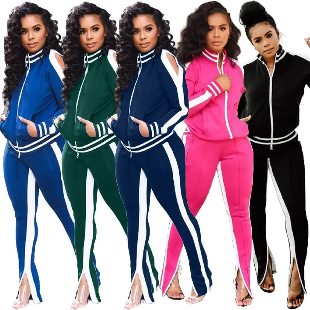 Choichic Jogging Suits for Women - Sweat Suits Set Zipper Hoodies Sweatshirt   Wide Leg Slit Pants Tracksuit Set