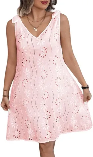 chouyatou Women's 2025 Eyelet Lace Embroidery Mini Dress Sexy Tie Knot Spaghetti Strap Sleeveless Party Sun Dress