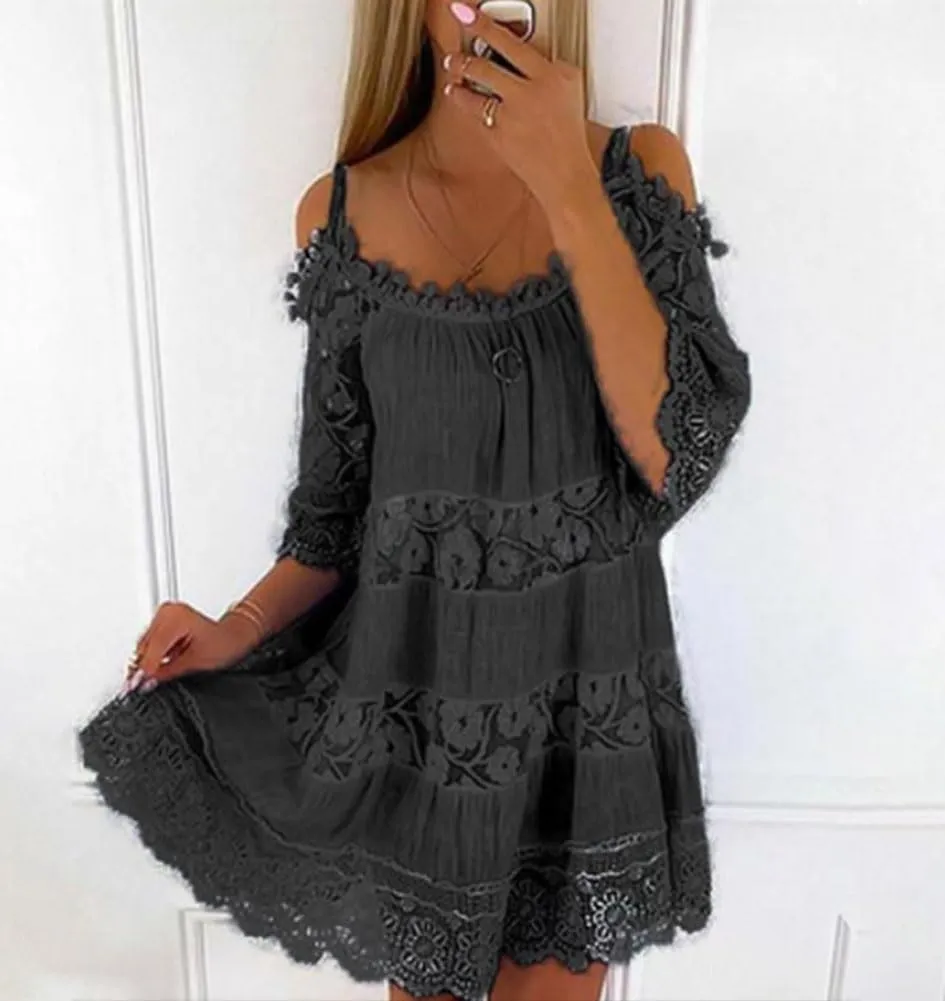 chouyatou Women's 2025 Eyelet Lace Embroidery Ruffle Dress Sexy Spaghetti Strap Cold Shoulder Party Sun Mini Dress