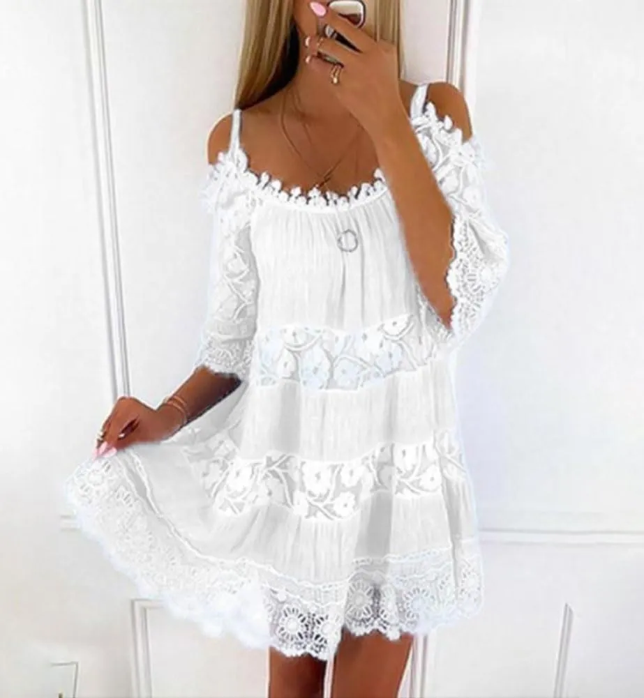 chouyatou Women's 2025 Eyelet Lace Embroidery Ruffle Dress Sexy Spaghetti Strap Cold Shoulder Party Sun Mini Dress