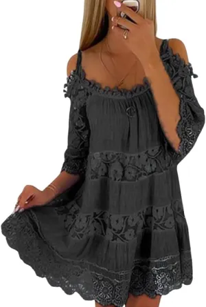 chouyatou Women's 2025 Eyelet Lace Embroidery Ruffle Dress Sexy Spaghetti Strap Cold Shoulder Party Sun Mini Dress