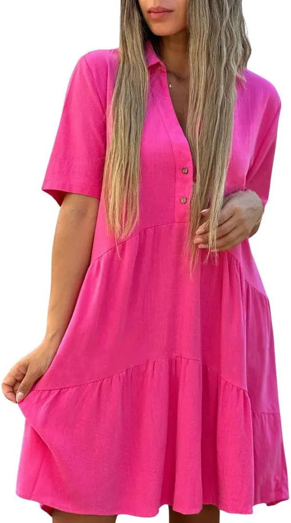 chouyatou Women's Button Up Polo Collared Cotton Linen Loose Dress Short Sleeve Ruffle Babydoll Tunic Mini Dress
