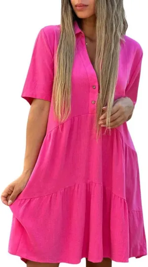 chouyatou Women's Button Up Polo Collared Cotton Linen Loose Dress Short Sleeve Ruffle Babydoll Tunic Mini Dress