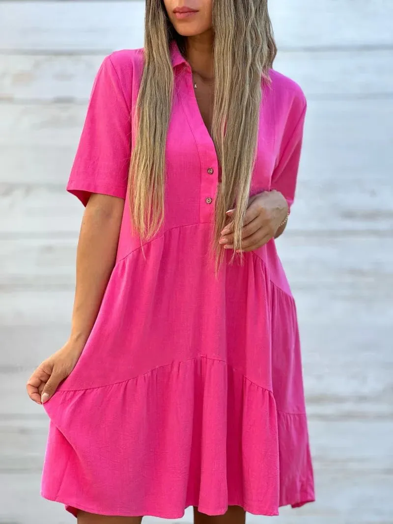 chouyatou Women's Button Up Polo Collared Cotton Linen Loose Dress Short Sleeve Ruffle Babydoll Tunic Mini Dress