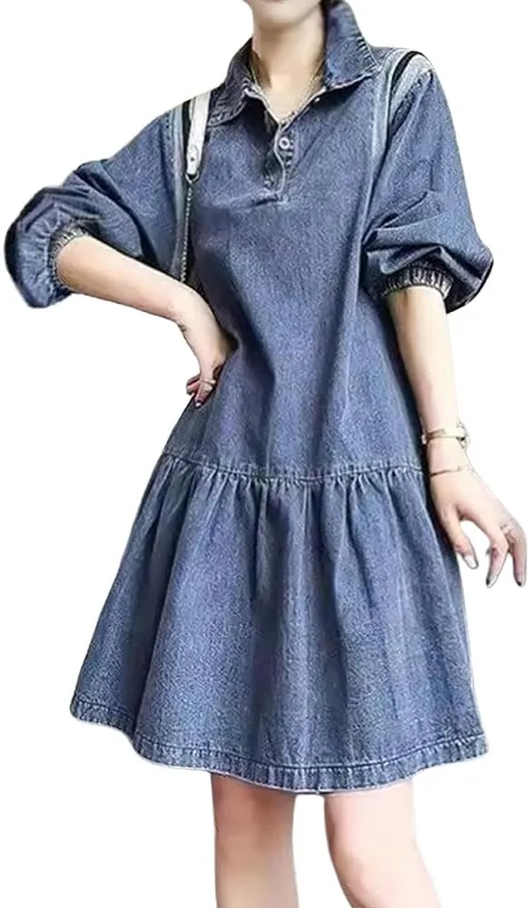 chouyatou Women's Summer Denim Babydoll Dress Puff Sleeve Swing Jean Dress Cute V-Neck Midi Tunic Dress