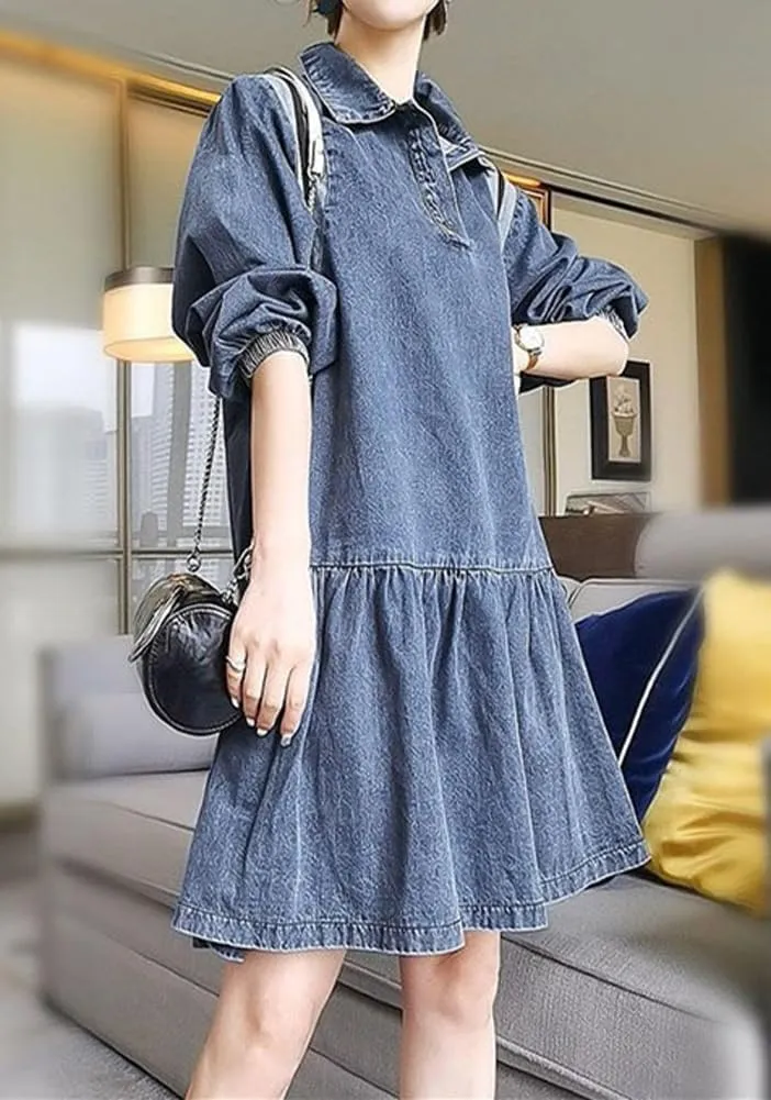 chouyatou Women's Summer Denim Babydoll Dress Puff Sleeve Swing Jean Dress Cute V-Neck Midi Tunic Dress