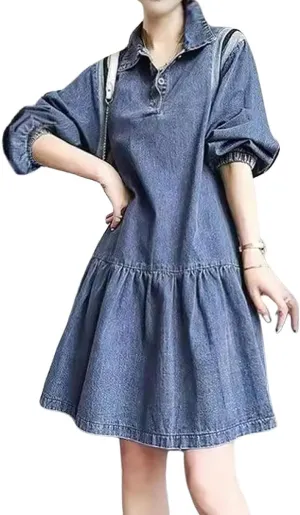 chouyatou Women's Summer Denim Babydoll Dress Puff Sleeve Swing Jean Dress Cute V-Neck Midi Tunic Dress