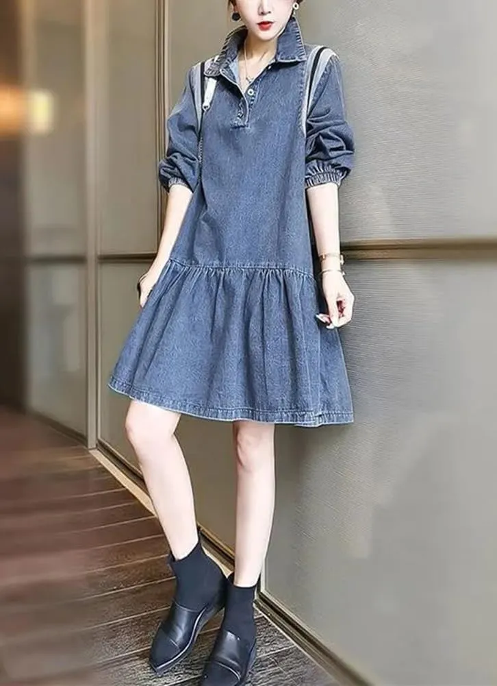 chouyatou Women's Summer Denim Babydoll Dress Puff Sleeve Swing Jean Dress Cute V-Neck Midi Tunic Dress