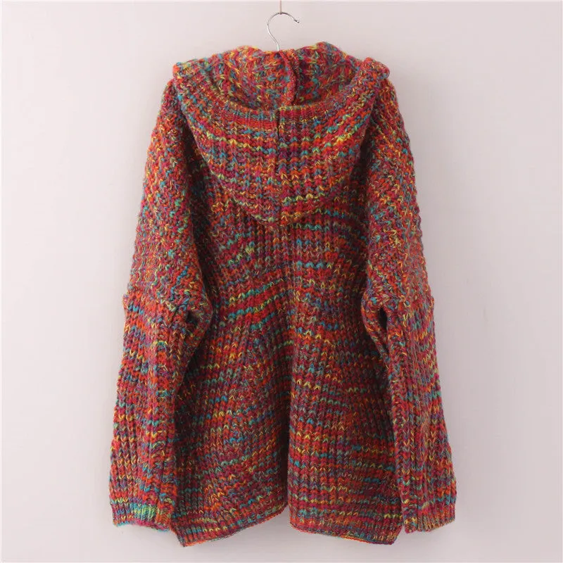 Colorful V-neck Pockets Long Sleeves Hooded Sweater