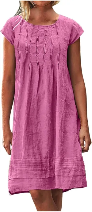 Cotton Linen Dress for Women Pleated Summer Dresses Crewneck Short Sleeve Sundress Beach Vacation Casual Mini Dress