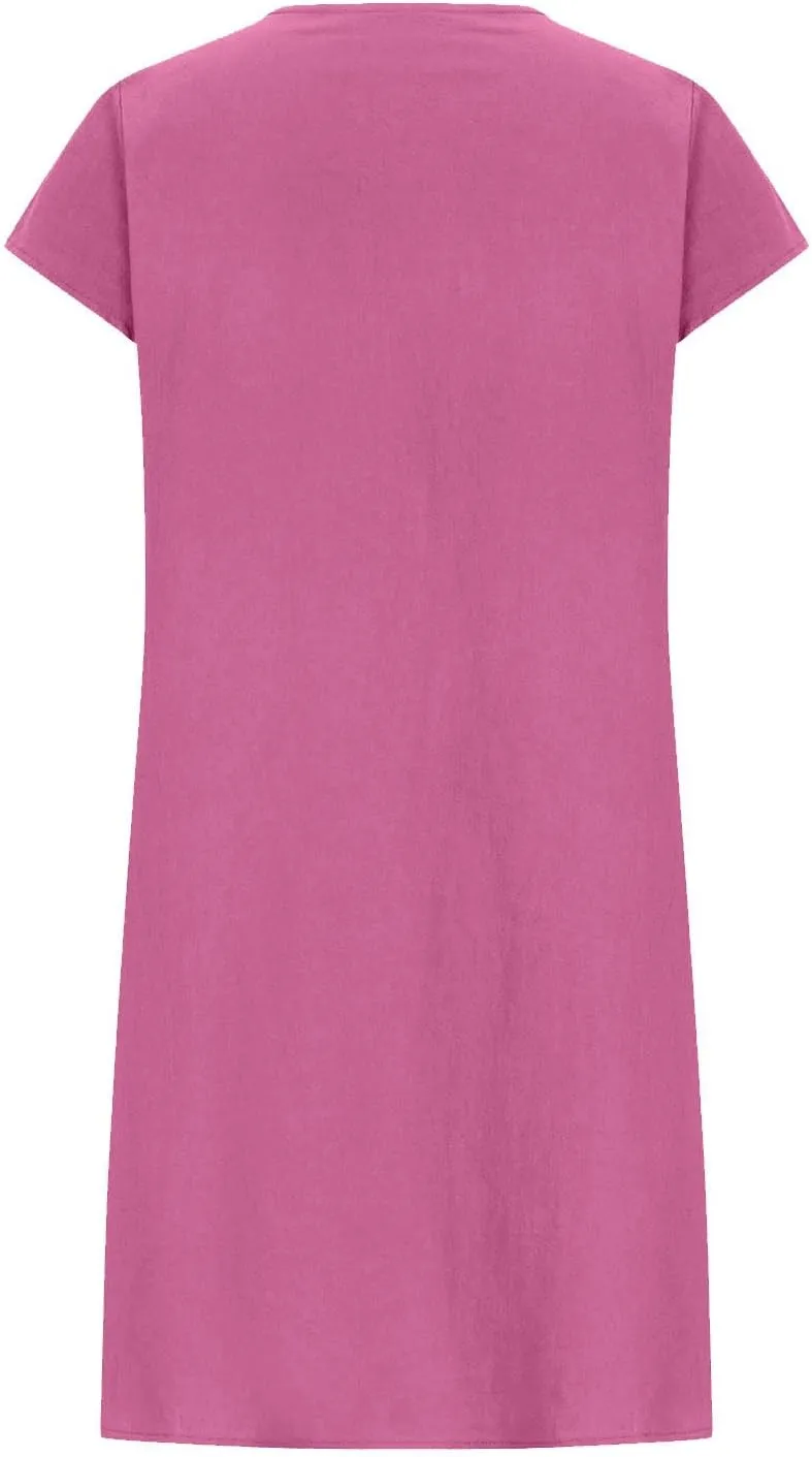 Cotton Linen Dress for Women Pleated Summer Dresses Crewneck Short Sleeve Sundress Beach Vacation Casual Mini Dress