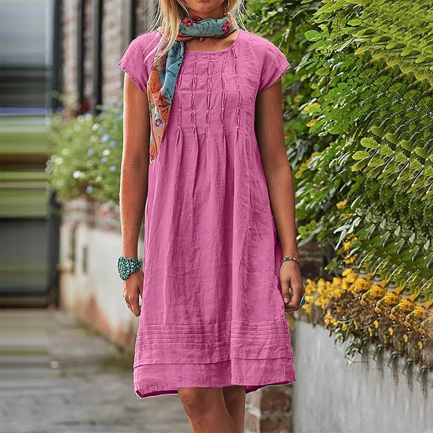 Cotton Linen Dress for Women Pleated Summer Dresses Crewneck Short Sleeve Sundress Beach Vacation Casual Mini Dress