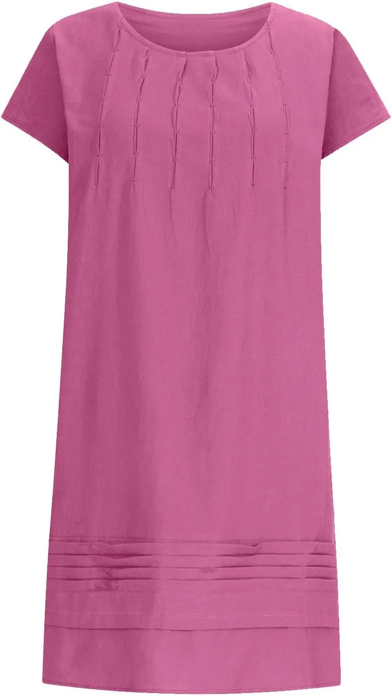 Cotton Linen Dress for Women Pleated Summer Dresses Crewneck Short Sleeve Sundress Beach Vacation Casual Mini Dress