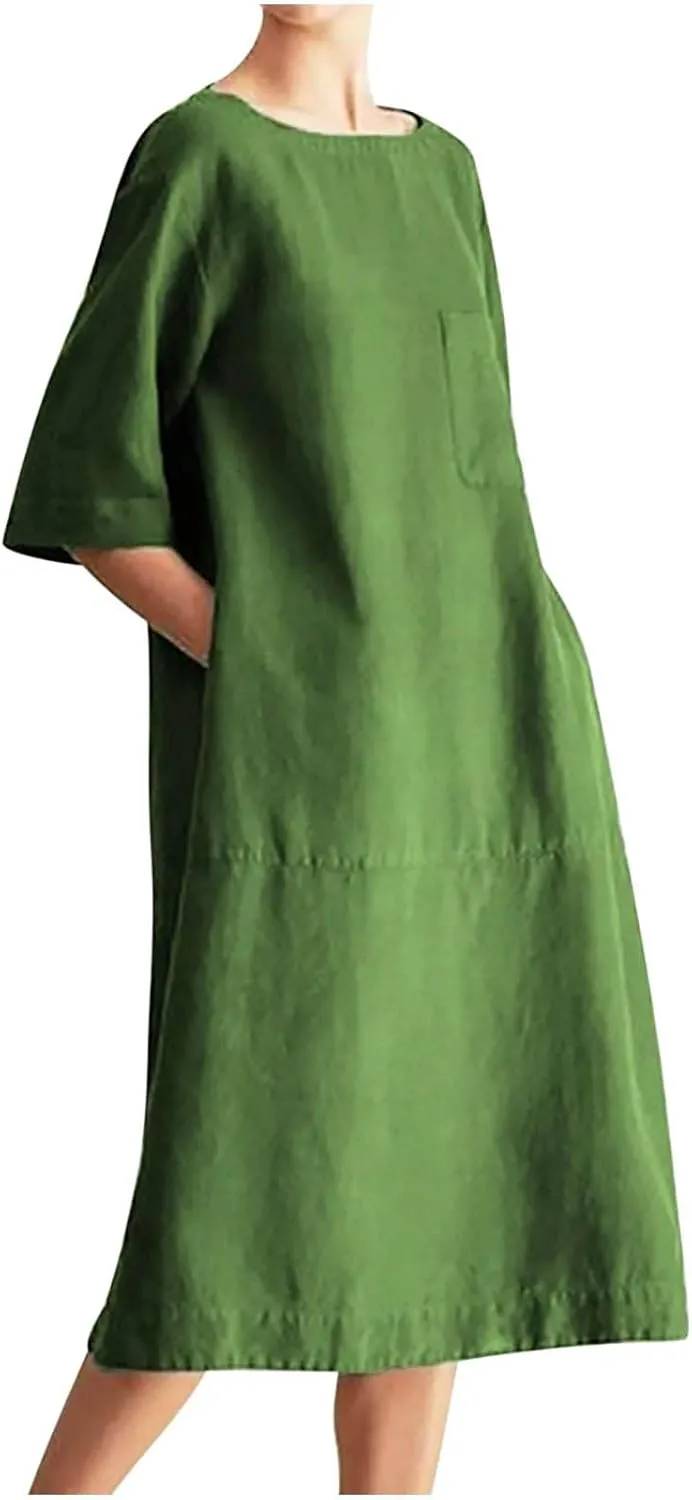 Cotton Linen Dresses for Women Casual Summer 2023 Fashion t-Shirt Midi Dress Half Sleeve Crewneck Loose Baggy Sundress