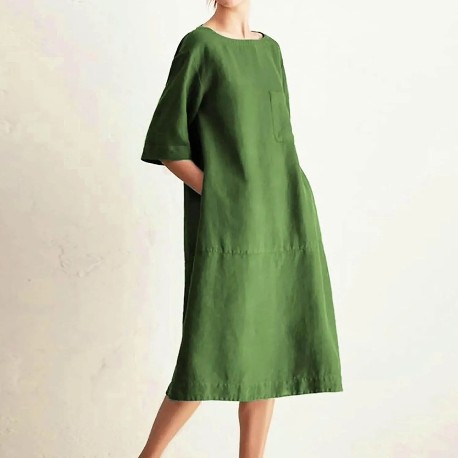 Cotton Linen Dresses for Women Casual Summer 2023 Fashion t-Shirt Midi Dress Half Sleeve Crewneck Loose Baggy Sundress