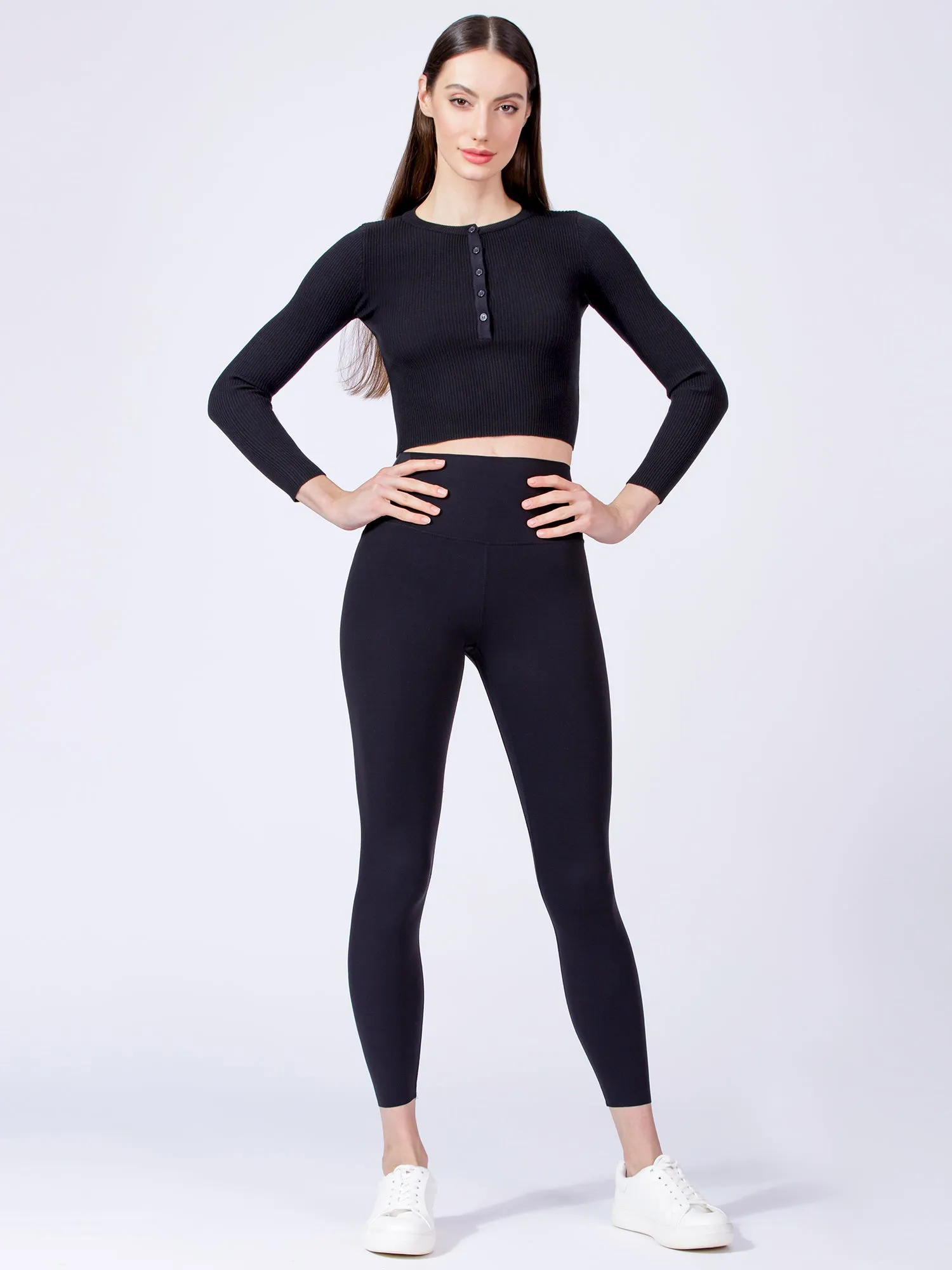 CROPPED HENLEY TEE, BLACK