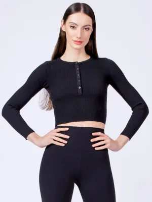 CROPPED HENLEY TEE, BLACK