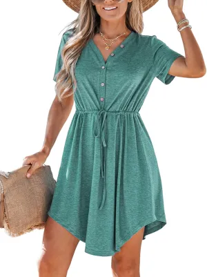 CUPSHE Women Summer Dresses Drawstring Button Front Short Sleeve V Neck Mini Dress Short Sleeve Sundress