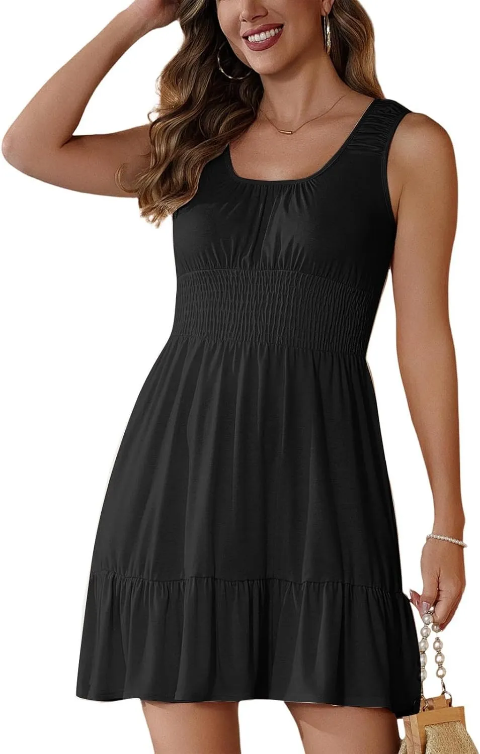 Cute Summer Dresses for Women Pleated Flowy Empire Waist Sundress Sleeveless Round Neck Hot Shot Mini Dress