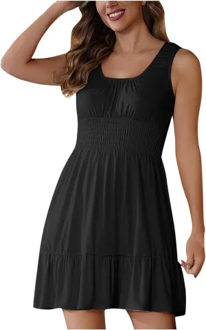 Cute Summer Dresses for Women Pleated Flowy Empire Waist Sundress Sleeveless Round Neck Hot Shot Mini Dress