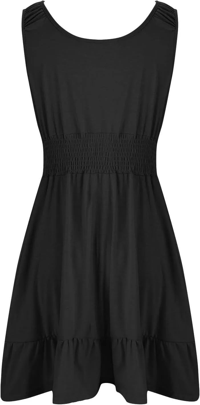 Cute Summer Dresses for Women Pleated Flowy Empire Waist Sundress Sleeveless Round Neck Hot Shot Mini Dress