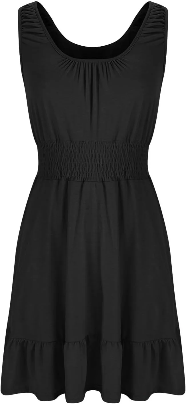 Cute Summer Dresses for Women Pleated Flowy Empire Waist Sundress Sleeveless Round Neck Hot Shot Mini Dress
