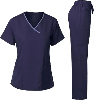 Dagacci Medical Uniform Women's Scrub Set Stretch Contrast Binding Top and Pants