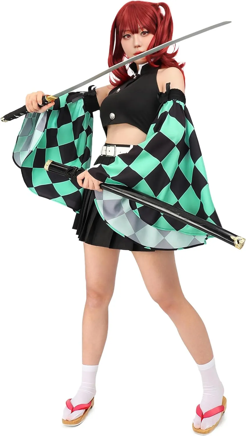 DAZCOS Women's Kamado Tanjirou Cosplay Costume Set Vest Pleated Skirt Sleeve with Belt for Adult