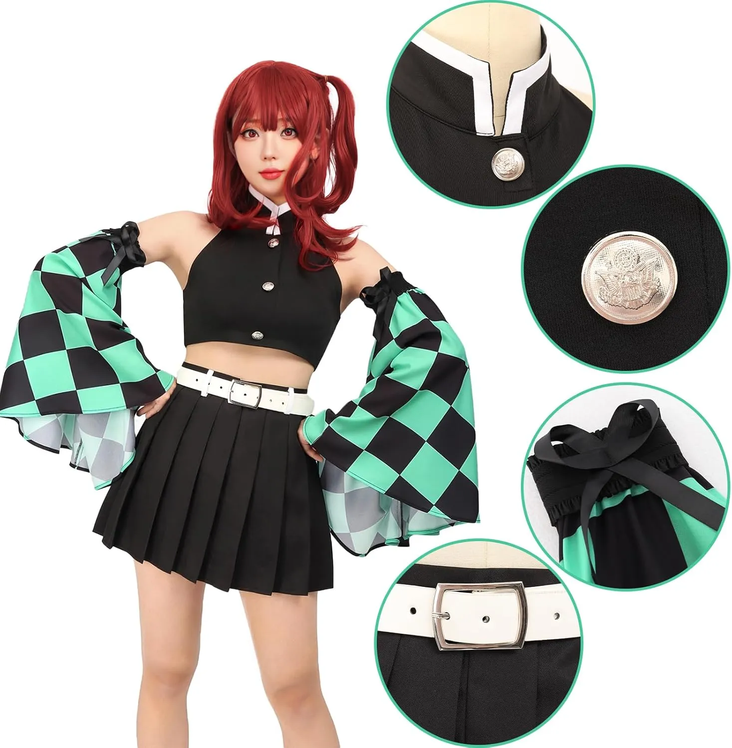 DAZCOS Women's Kamado Tanjirou Cosplay Costume Set Vest Pleated Skirt Sleeve with Belt for Adult