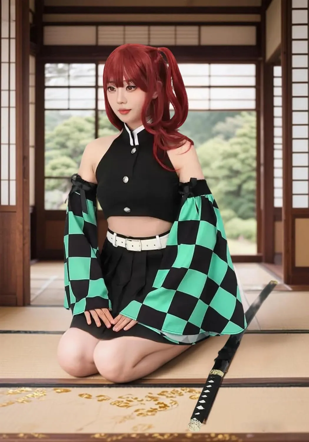 DAZCOS Women's Kamado Tanjirou Cosplay Costume Set Vest Pleated Skirt Sleeve with Belt for Adult