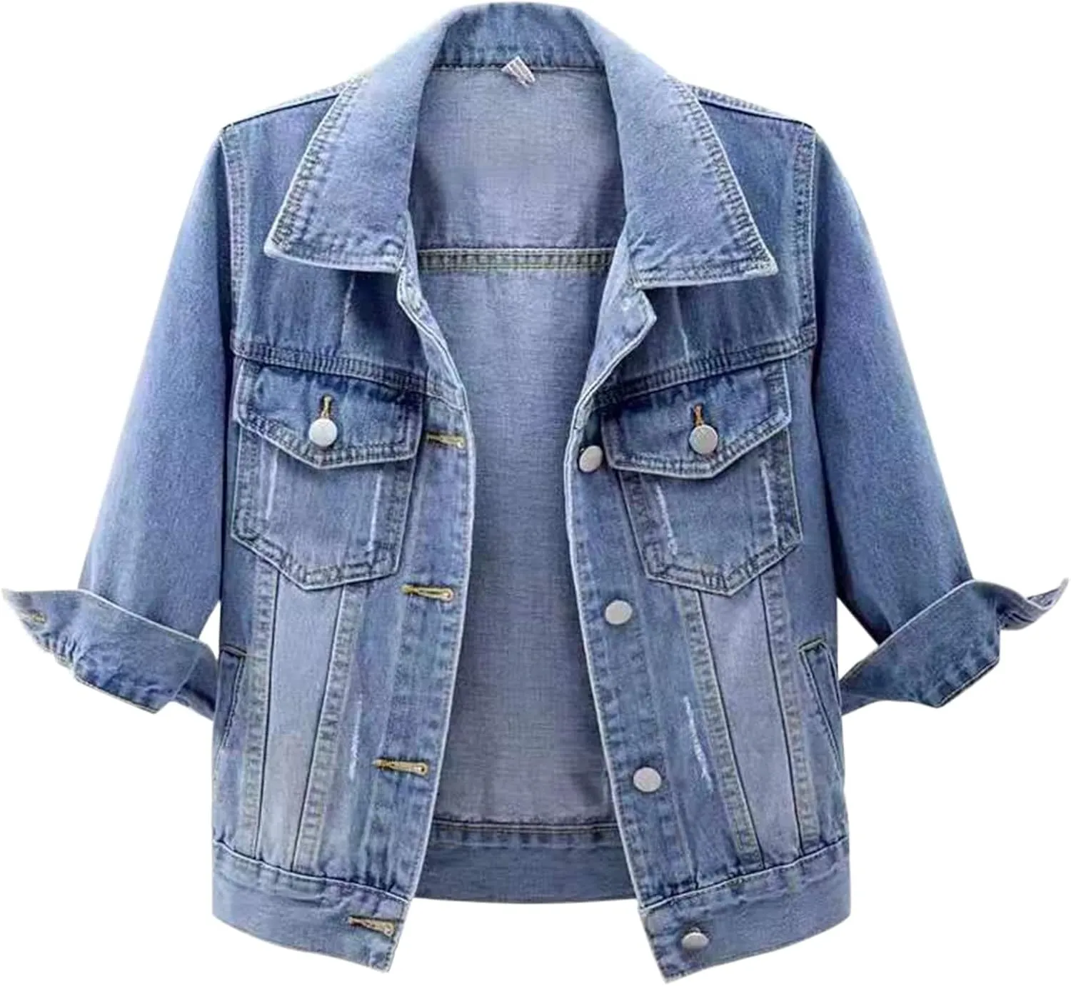 Denim Jacket for Women Trendy 2025 Plus Size Casual 3/4 Sleeve Short Jean Jacket Basic Lapel Button Down Cropped Coat