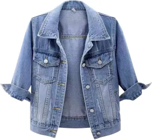 Denim Jacket for Women Trendy 2025 Plus Size Casual 3/4 Sleeve Short Jean Jacket Basic Lapel Button Down Cropped Coat