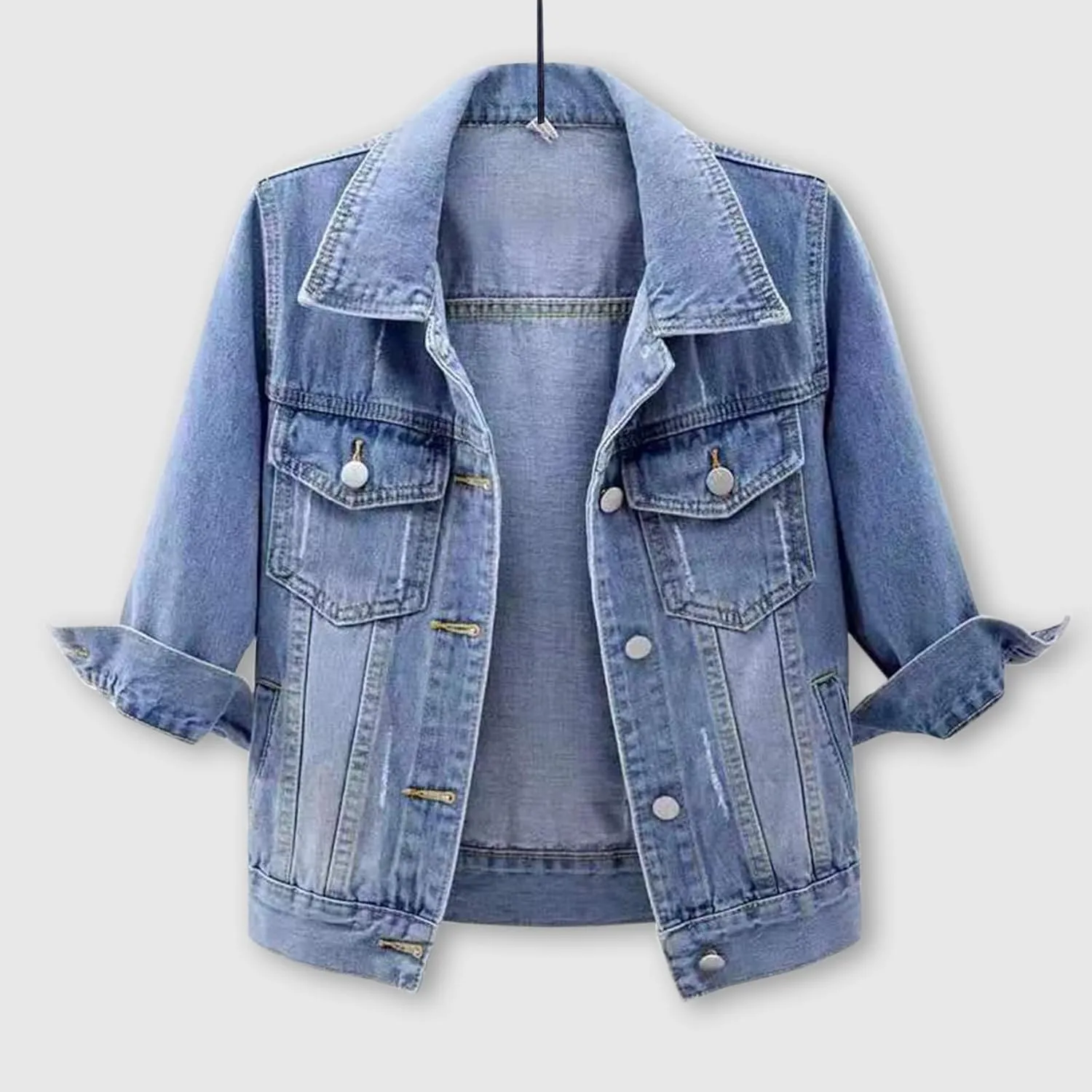 Denim Jacket for Women Trendy 2025 Plus Size Casual 3/4 Sleeve Short Jean Jacket Basic Lapel Button Down Cropped Coat