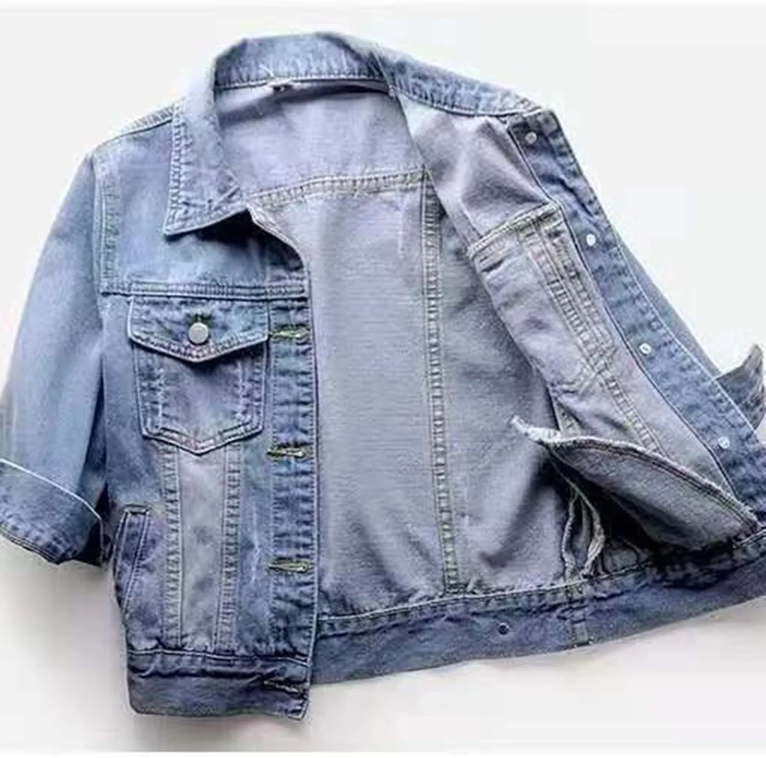 Denim Jacket for Women Trendy 2025 Plus Size Casual 3/4 Sleeve Short Jean Jacket Basic Lapel Button Down Cropped Coat