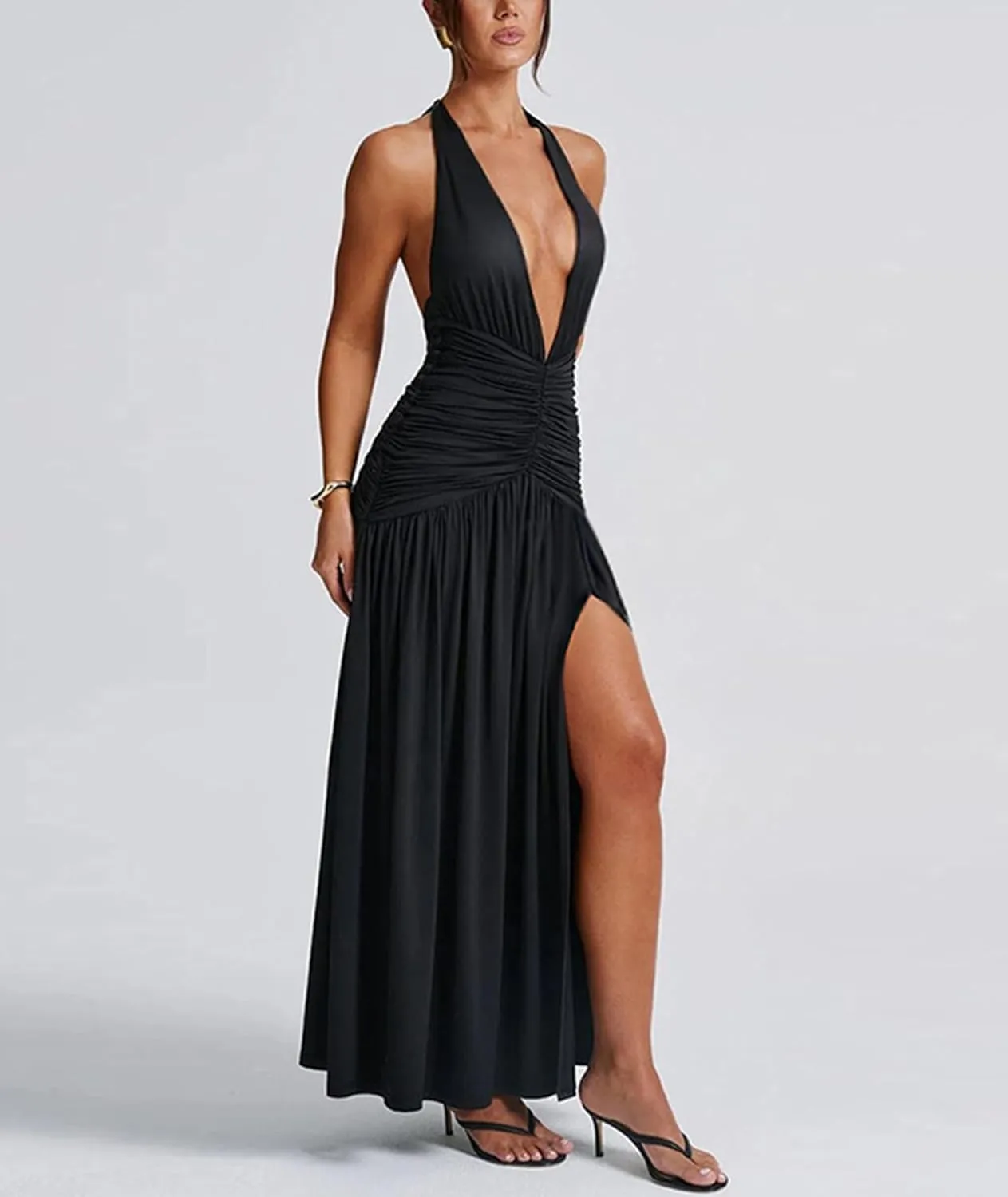 Ekaliy Women's Sexy Halter Deep V Neck Maxi Dress Sleeveless Backless High Slit Ruched Long Dress Summer Party Cocktail Dress