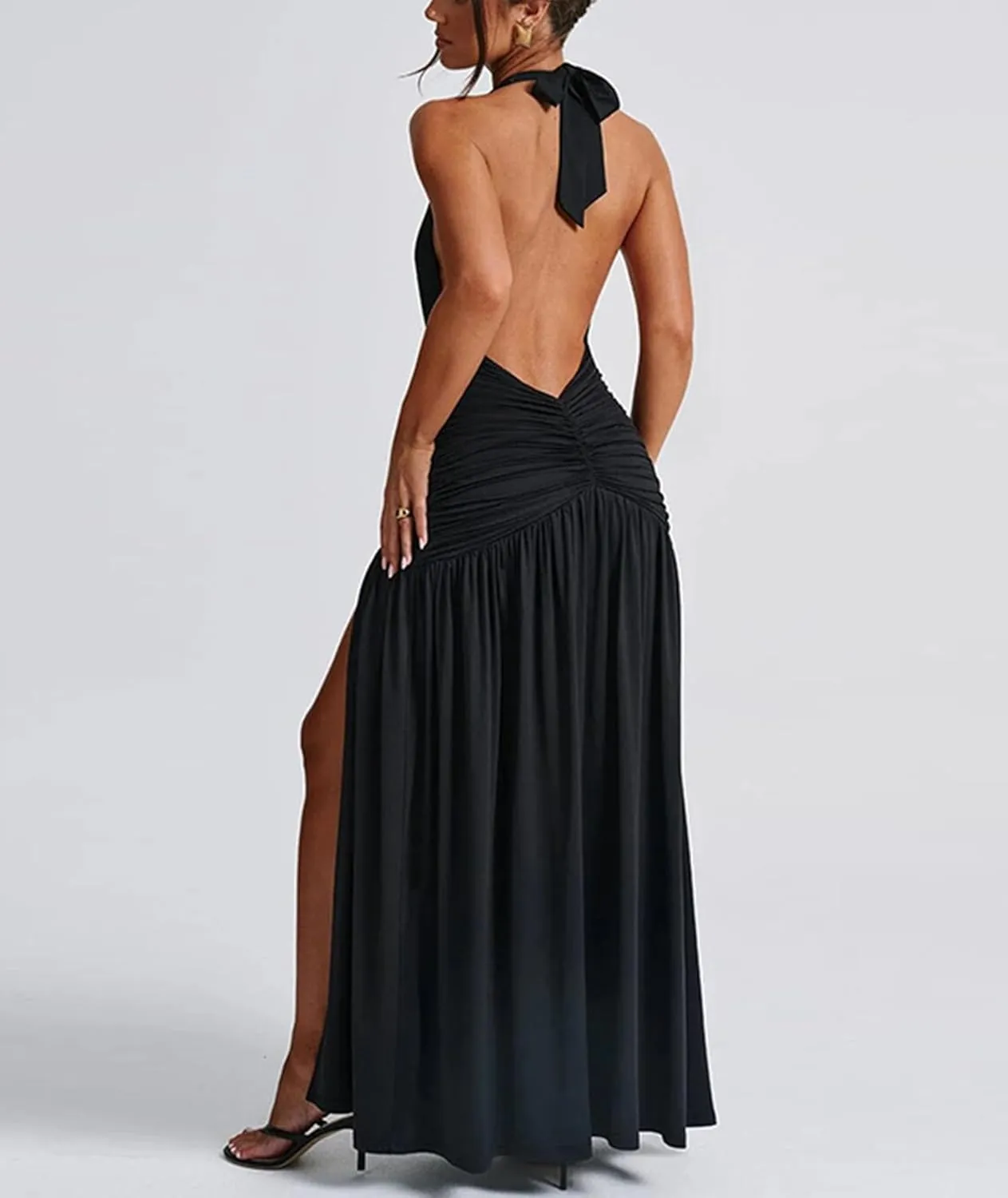 Ekaliy Women's Sexy Halter Deep V Neck Maxi Dress Sleeveless Backless High Slit Ruched Long Dress Summer Party Cocktail Dress