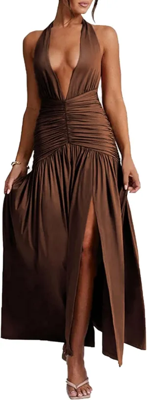 Ekaliy Women's Sexy Halter Deep V Neck Maxi Dress Sleeveless Backless High Slit Ruched Long Dress Summer Party Cocktail Dress