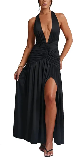 Ekaliy Women's Sexy Halter Deep V Neck Maxi Dress Sleeveless Backless High Slit Ruched Long Dress Summer Party Cocktail Dress