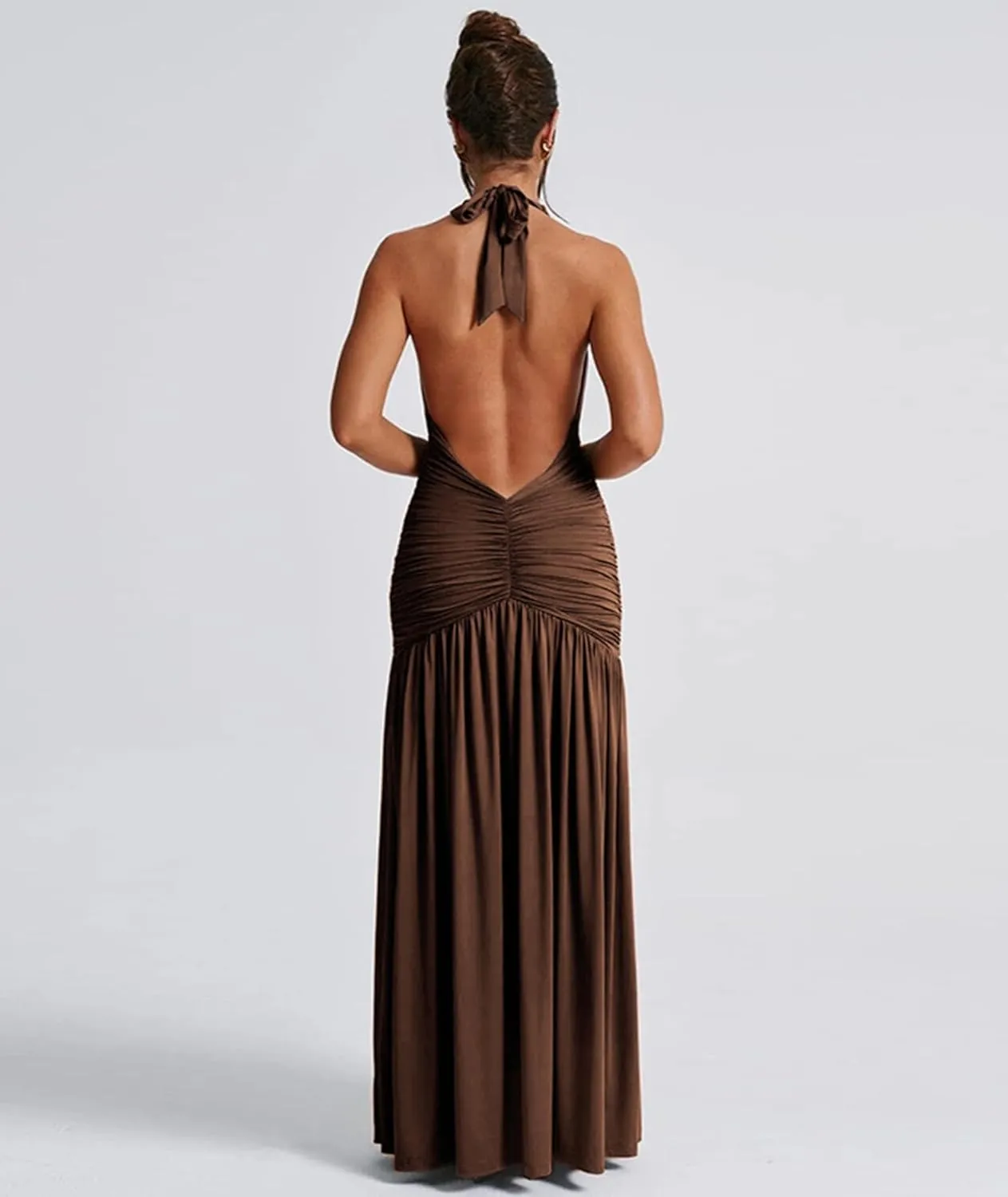 Ekaliy Women's Sexy Halter Deep V Neck Maxi Dress Sleeveless Backless High Slit Ruched Long Dress Summer Party Cocktail Dress