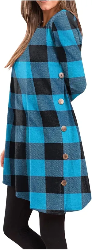 Fall Dresses for Women 2022, Women's Long Sleeve Scoop Neck Button Side t Shirt Casual Swing Loose Fit Tunic Dress