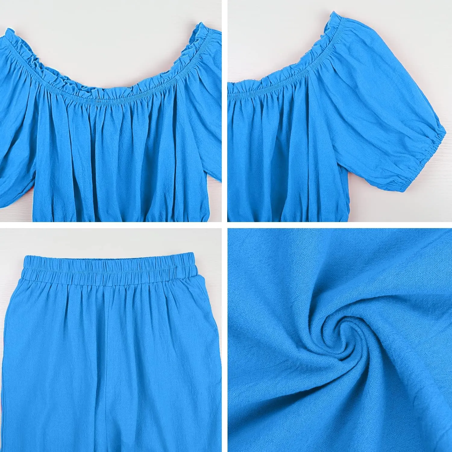 FANCYINN Women's Summer 2 Piece Outfit Off Shoulder Balloon Sleeves Ruffle Crop Top Wide Leg Pants Set Jumpsuits