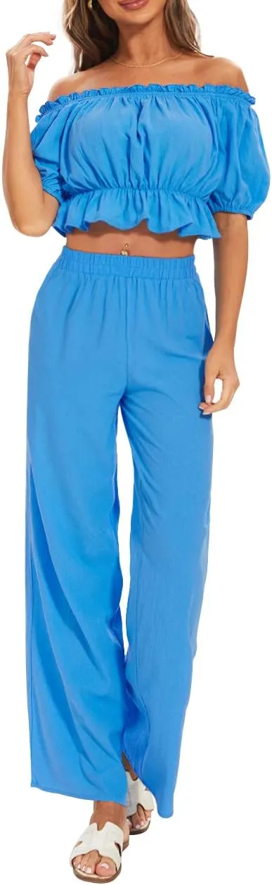 FANCYINN Women's Summer 2 Piece Outfit Off Shoulder Balloon Sleeves Ruffle Crop Top Wide Leg Pants Set Jumpsuits